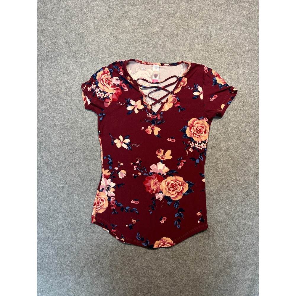 No‎ Boundaries Floral Lace-Up Top Small Burgundy Rose Print Stretch Knit